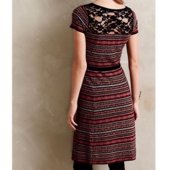 Anthropologie Sparrow Sweater Dress Large Striped Fair Isle Short Sleeves Lace - Picture 4 of 15